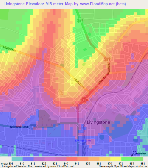 Livingstone,Zambia Elevation Map