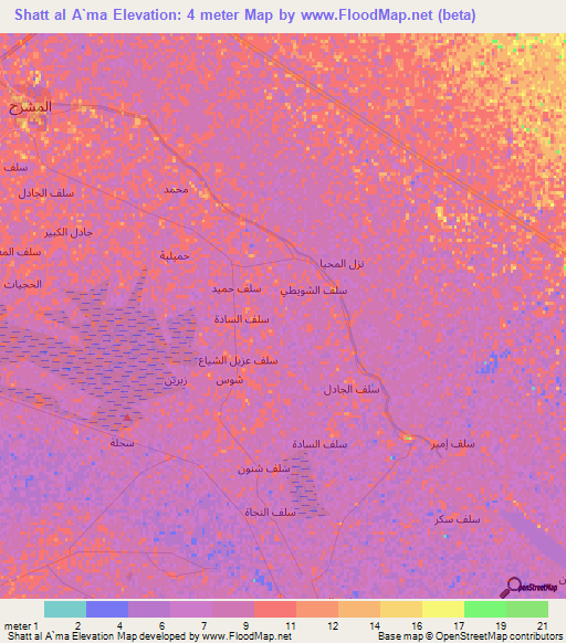 Shatt al A`ma,Iraq Elevation Map