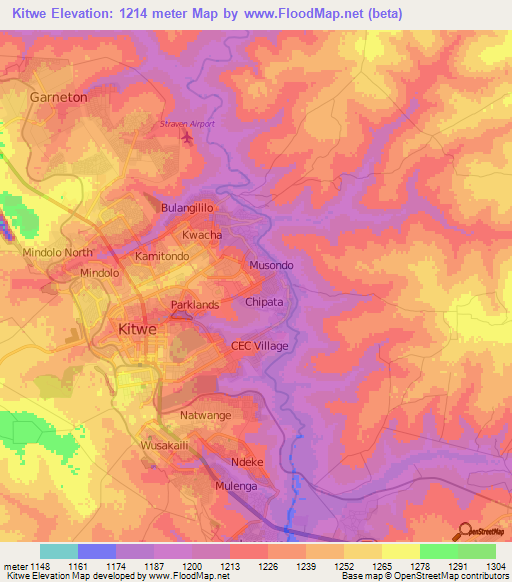 Kitwe,Zambia Elevation Map