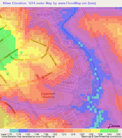 Kitwe,Zambia Elevation Map