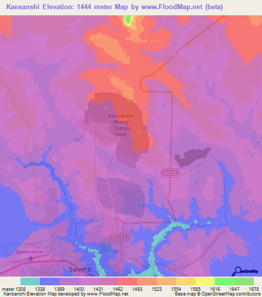 Kansanshi,Zambia Elevation Map