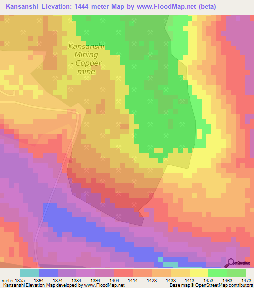 Kansanshi,Zambia Elevation Map