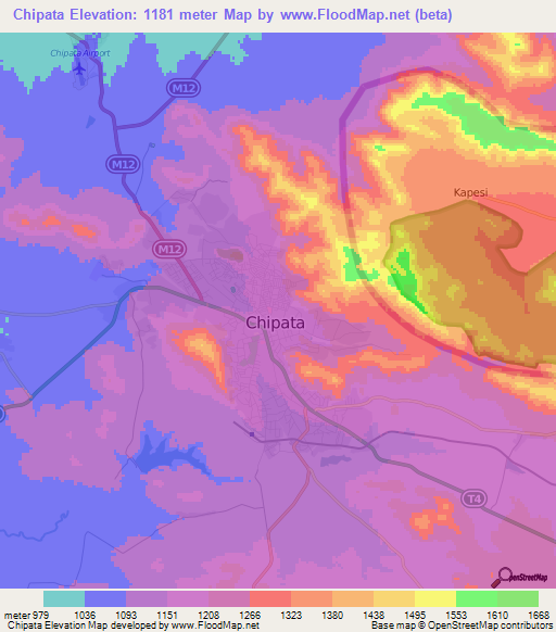 Chipata,Zambia Elevation Map