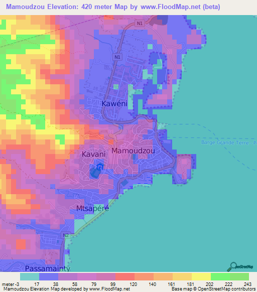 Mamoudzou,Mayotte Elevation Map