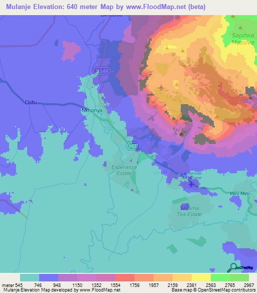Elevation of Mulanje,Malawi Elevation Map, Topography, Contour