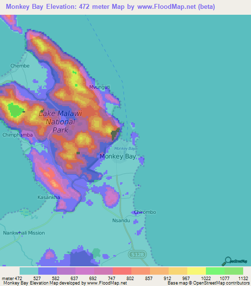 Monkey Bay,Malawi Elevation Map