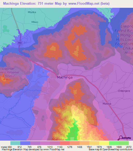 Machinga,Malawi Elevation Map