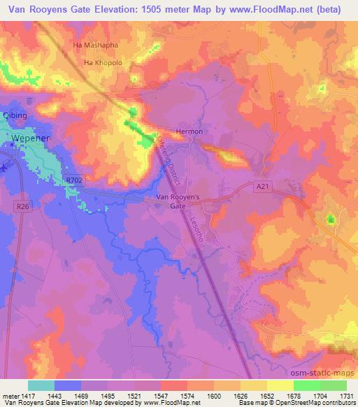 Van Rooyens Gate,Lesotho Elevation Map