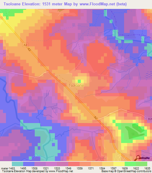 Tsoloane,Lesotho Elevation Map