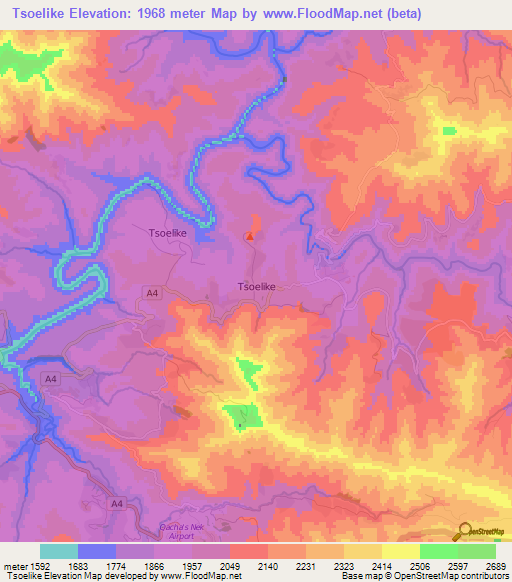 Tsoelike,Lesotho Elevation Map