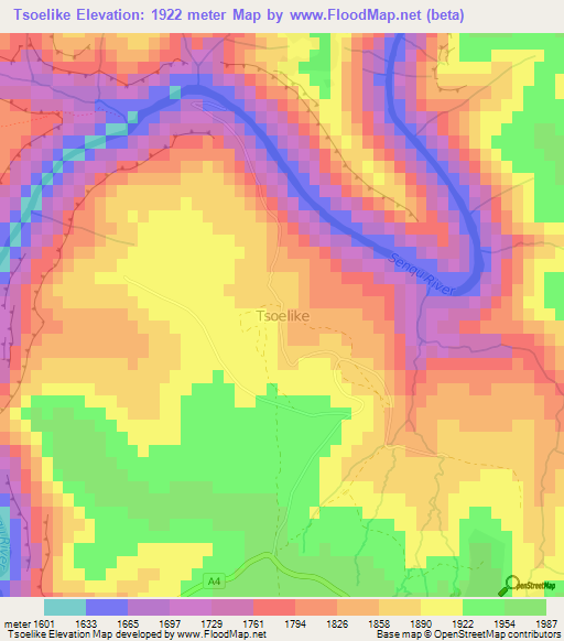 Tsoelike,Lesotho Elevation Map