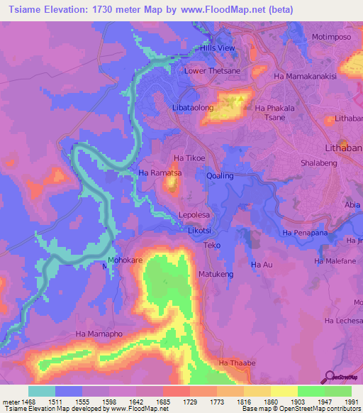 Tsiame,Lesotho Elevation Map