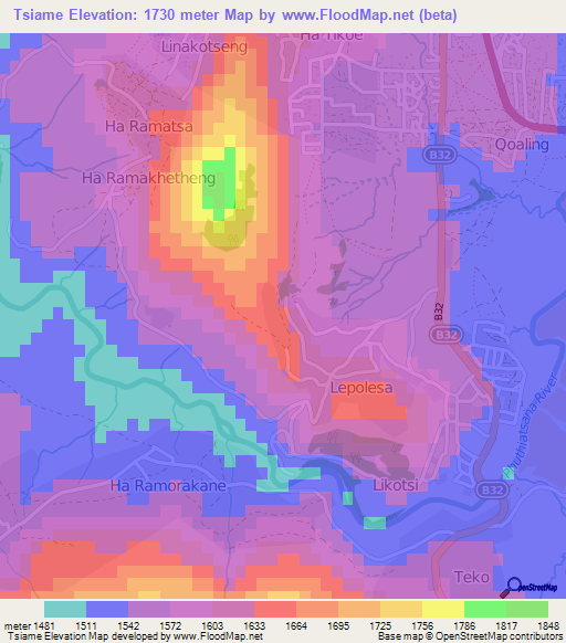 Tsiame,Lesotho Elevation Map