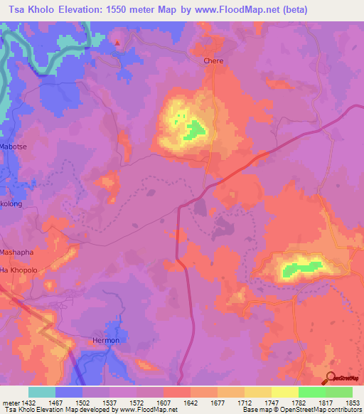 Tsa Kholo,Lesotho Elevation Map