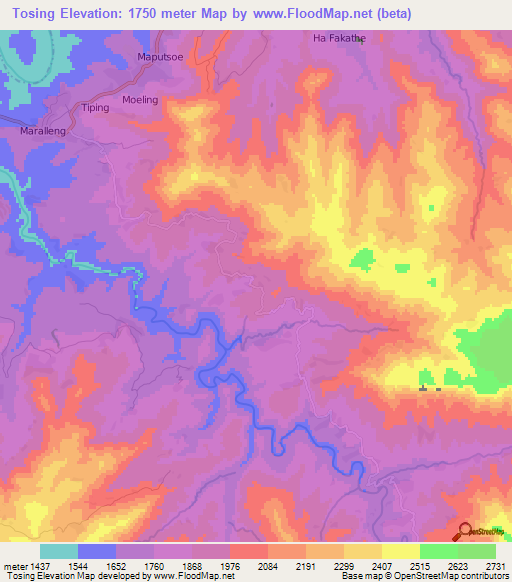 Tosing,Lesotho Elevation Map