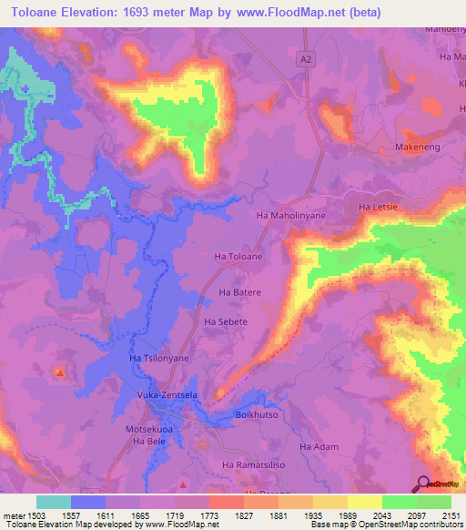 Toloane,Lesotho Elevation Map