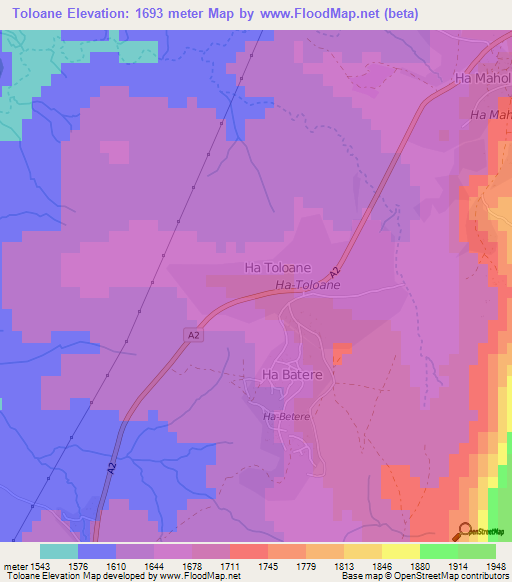 Toloane,Lesotho Elevation Map