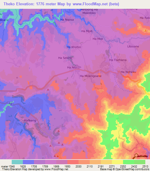 Theko,Lesotho Elevation Map