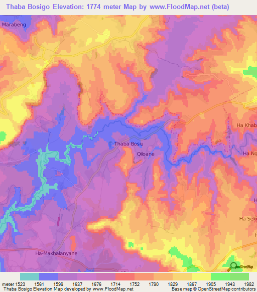 Thaba Bosigo,Lesotho Elevation Map