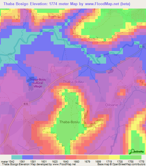 Thaba Bosigo,Lesotho Elevation Map