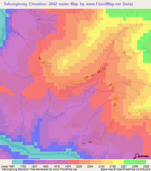 Sehonghong,Lesotho Elevation Map