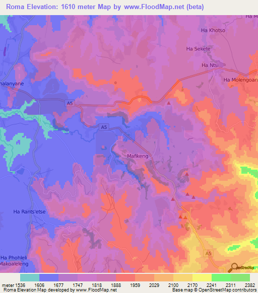 Roma,Lesotho Elevation Map