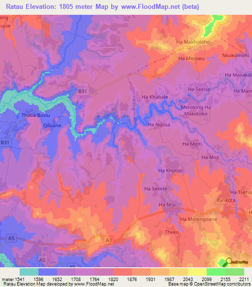 Ratau,Lesotho Elevation Map