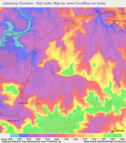 Qalaheng,Lesotho Elevation Map