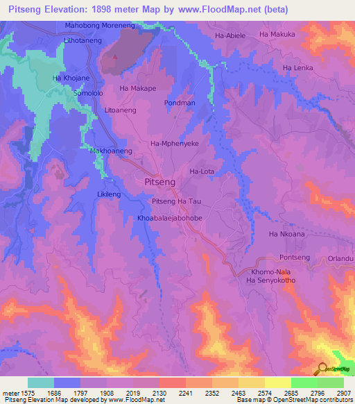 Pitseng,Lesotho Elevation Map