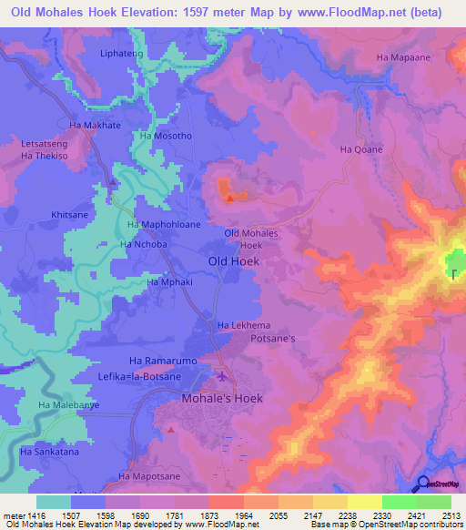 Old Mohales Hoek,Lesotho Elevation Map