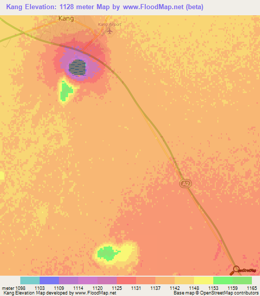 Kang,Botswana Elevation Map