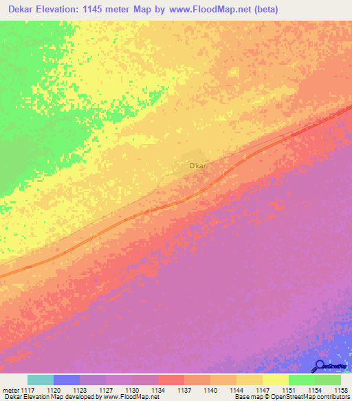 Dekar,Botswana Elevation Map