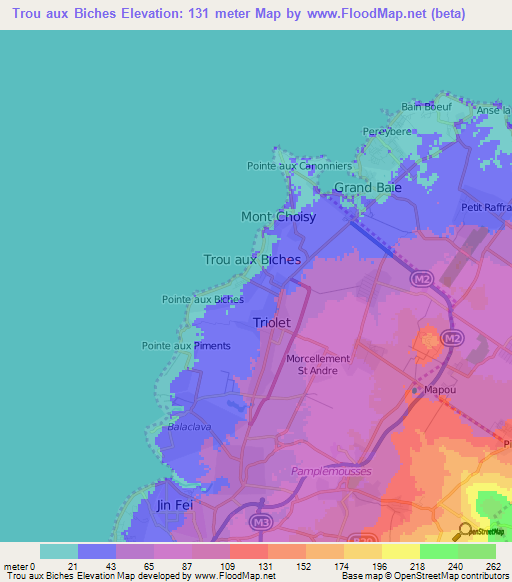 Trou aux Biches,Mauritius Elevation Map