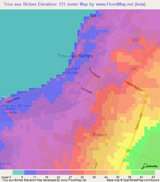 Trou aux Biches,Mauritius Elevation Map