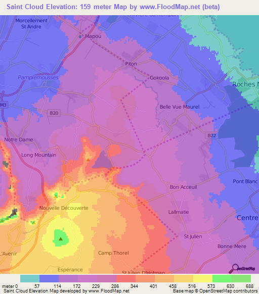 Saint Cloud,Mauritius Elevation Map