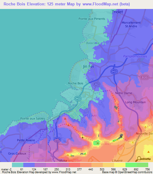 Roche Bois,Mauritius Elevation Map