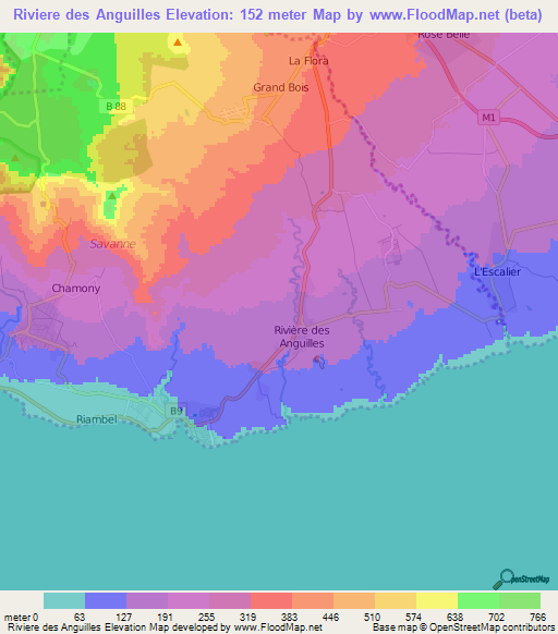 Riviere des Anguilles,Mauritius Elevation Map