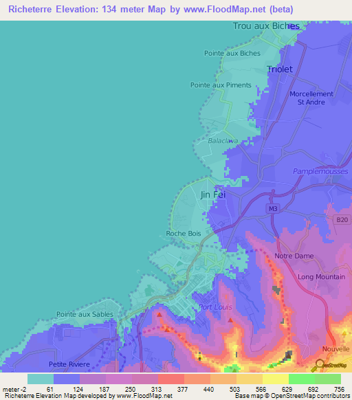 Richeterre,Mauritius Elevation Map