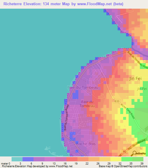 Richeterre,Mauritius Elevation Map