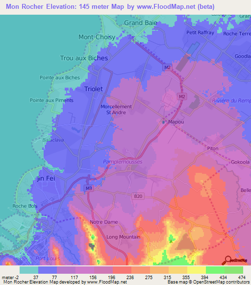 Mon Rocher,Mauritius Elevation Map