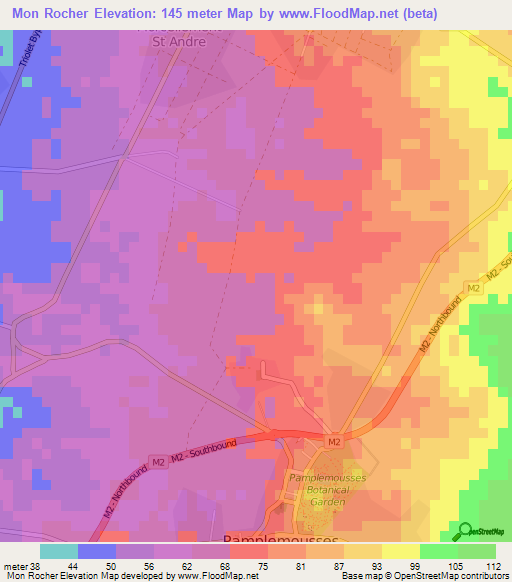 Mon Rocher,Mauritius Elevation Map