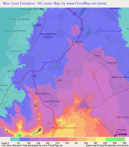 Mon Gout,Mauritius Elevation Map