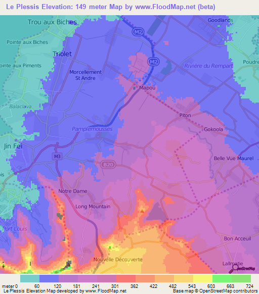 Le Plessis,Mauritius Elevation Map