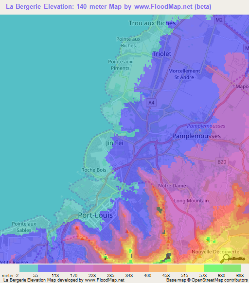 La Bergerie,Mauritius Elevation Map