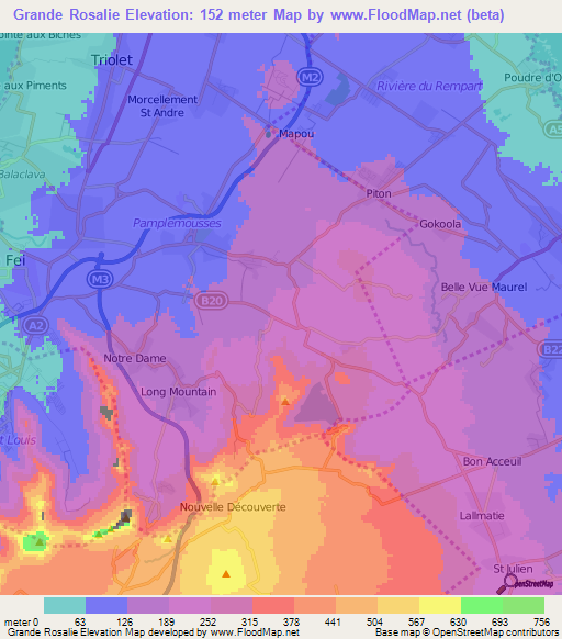 Grande Rosalie,Mauritius Elevation Map