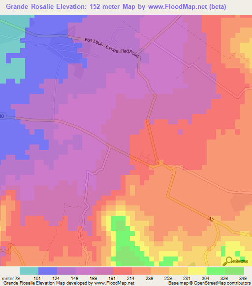 Grande Rosalie,Mauritius Elevation Map