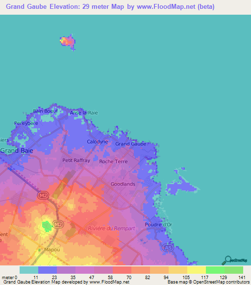 Grand Gaube,Mauritius Elevation Map