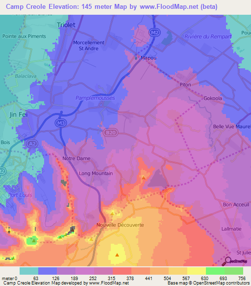 Camp Creole,Mauritius Elevation Map