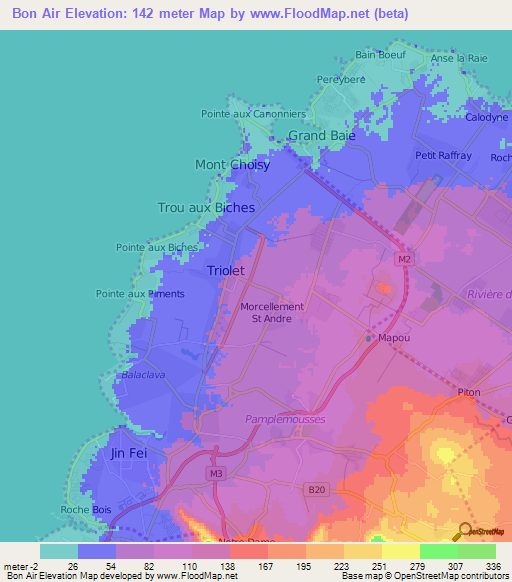 Bon Air,Mauritius Elevation Map