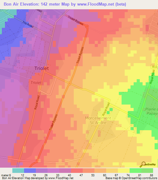 Bon Air,Mauritius Elevation Map